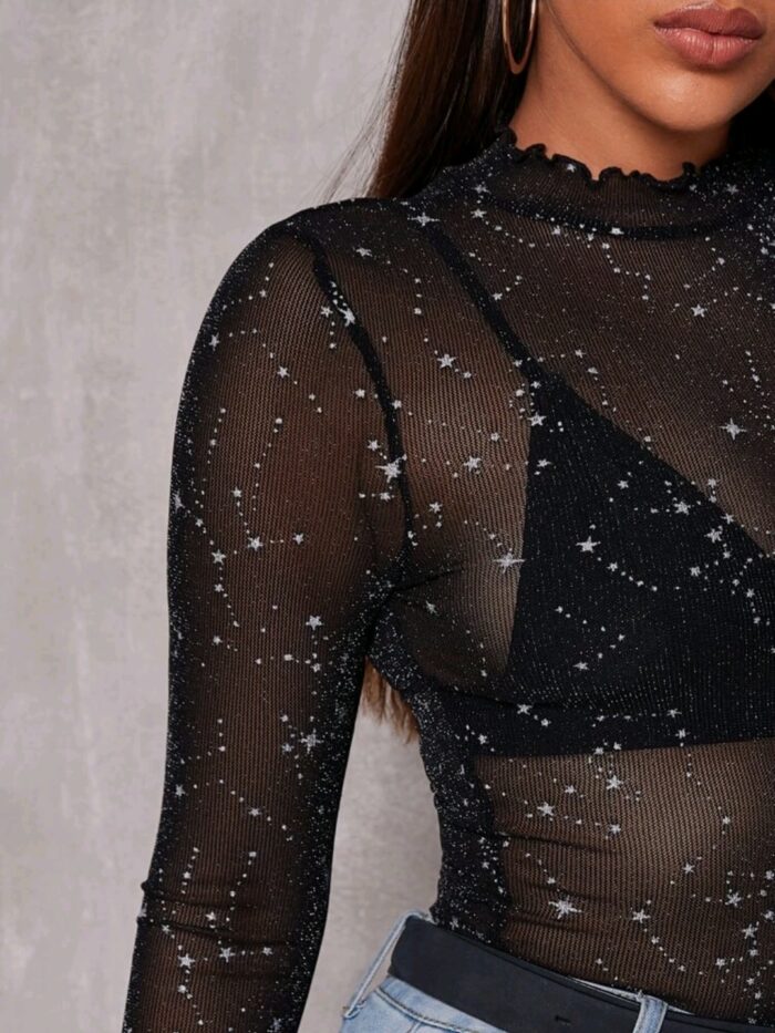 SHEIN Lettuce Edge Glitter Mesh Top Without Bra - Image 2