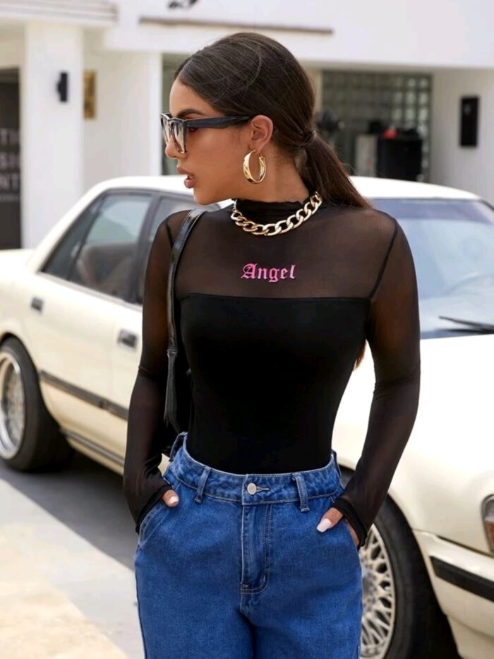 SHEIN Letter Graphic Mesh Yoke Fitted Top