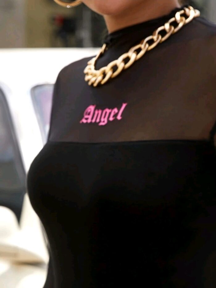 SHEIN Letter Graphic Mesh Yoke Fitted Top - Image 3