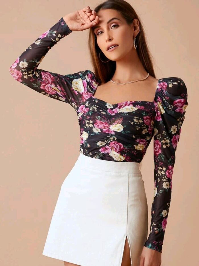 SHEIN Sweetheart Neck Ruched Front Gigot Sleeve Floral Mesh Top