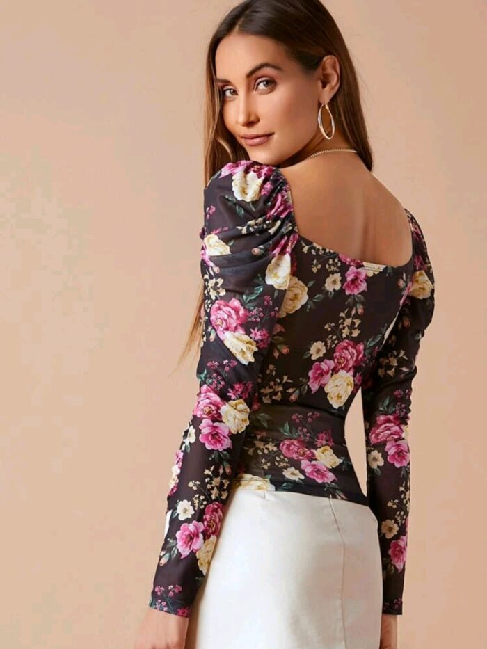 SHEIN Sweetheart Neck Ruched Front Gigot Sleeve Floral Mesh Top - Image 4