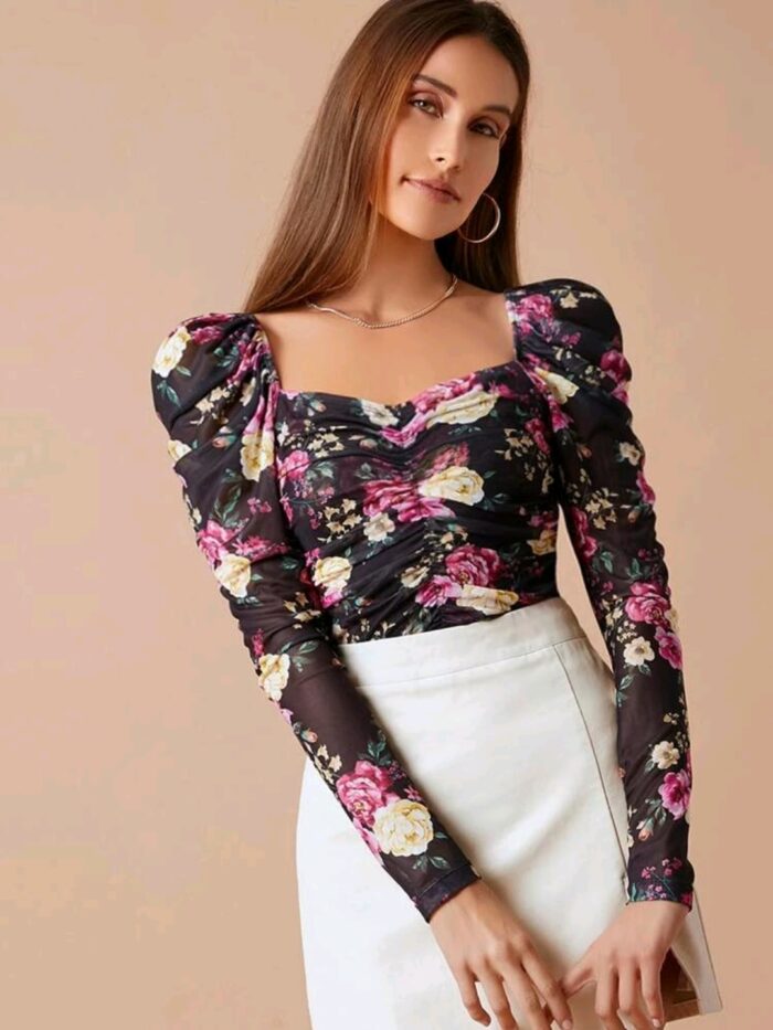 SHEIN Sweetheart Neck Ruched Front Gigot Sleeve Floral Mesh Top - Image 5