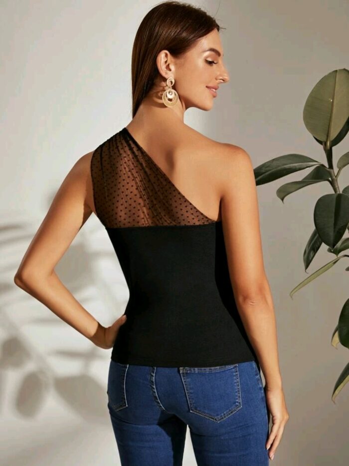 SHEIN One Shoulder Dot Flocked Mesh Yoke Top - Image 5