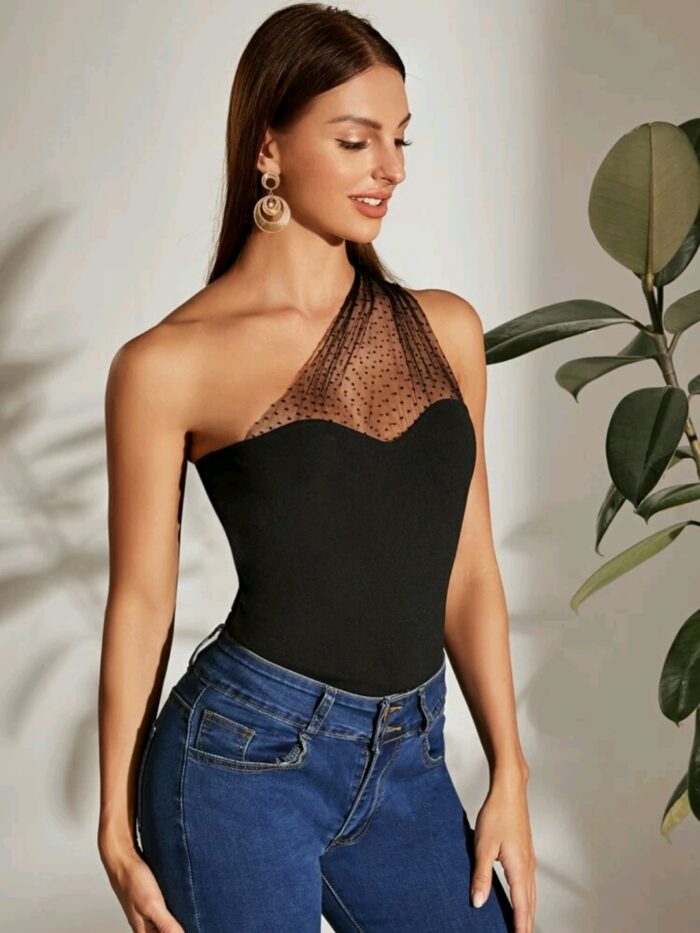 SHEIN One Shoulder Dot Flocked Mesh Yoke Top - Image 2