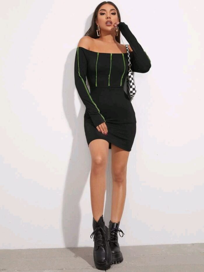 Off Shoulder Stitch Trim Rib-knit Bodycon Dress - Image 3