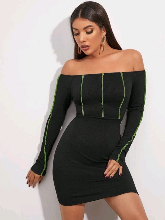 Off Shoulder Stitch Trim Rib-knit Bodycon Dress - Image 4