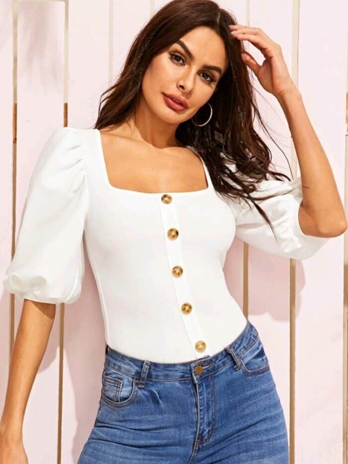 SHEIN Square Neck Button Front Lantern Sleeve Top