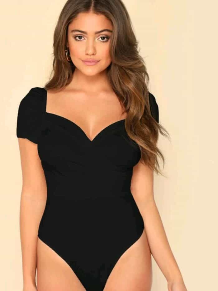 SHEIN Puff Sleeve Wrap Sweetheart Bodysuit