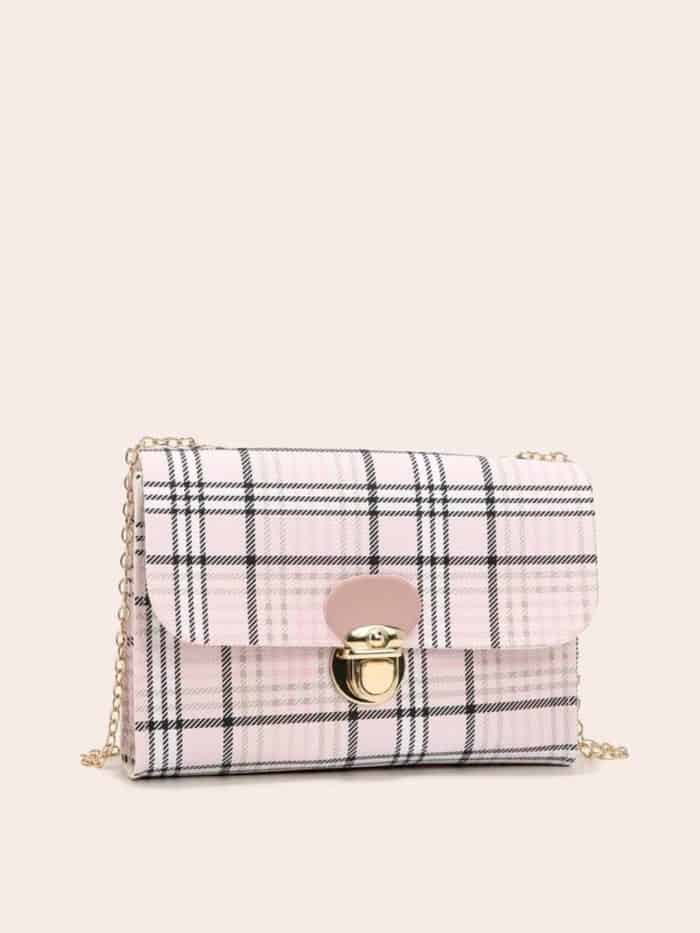 Plaid Pattern Push Lock Chain Bag