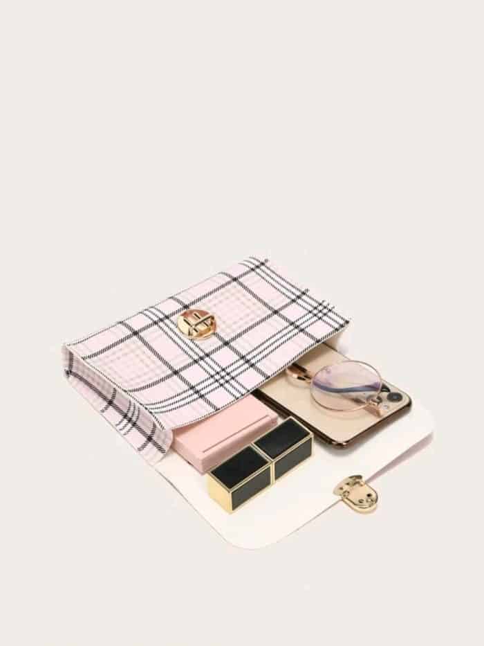 Plaid Pattern Push Lock Chain Bag - Image 4