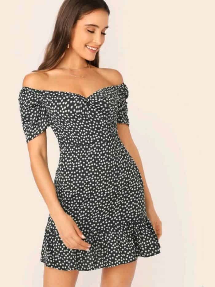 SHEIN Off Shoulder Ruffle Hem Ditsy Floral Dress