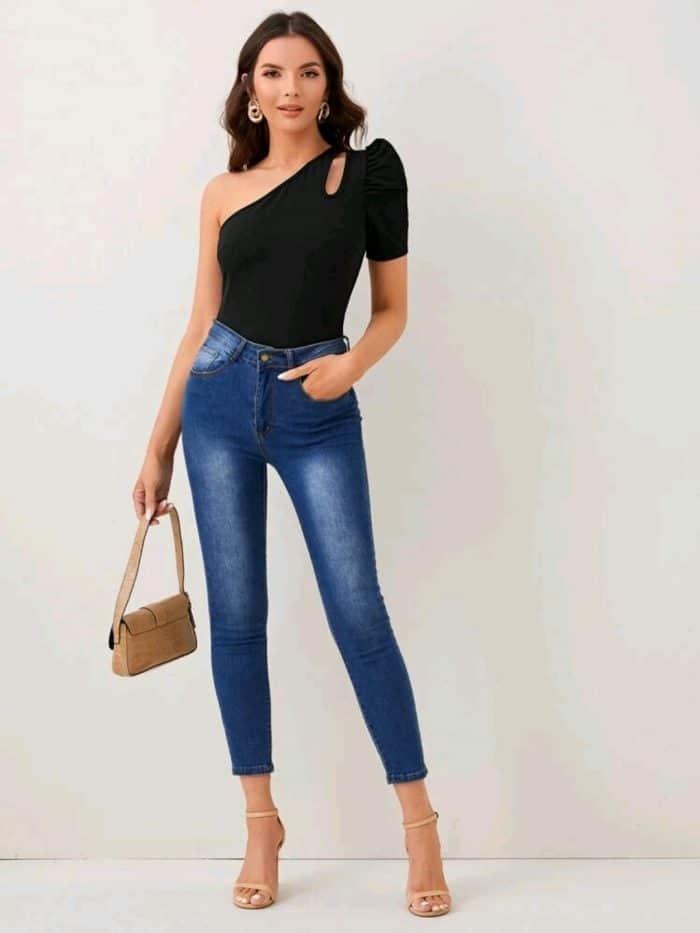 SHEIN One Shoulder Cut-out Puff Sleeve Tee - Image 4
