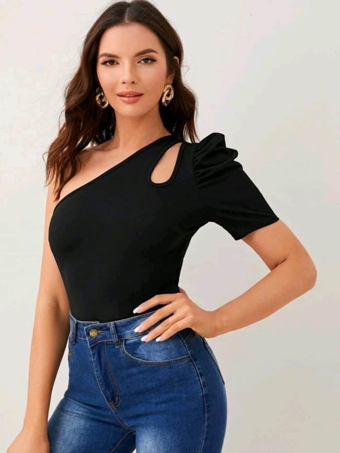 SHEIN One Shoulder Cut-out Puff Sleeve Tee - Image 2