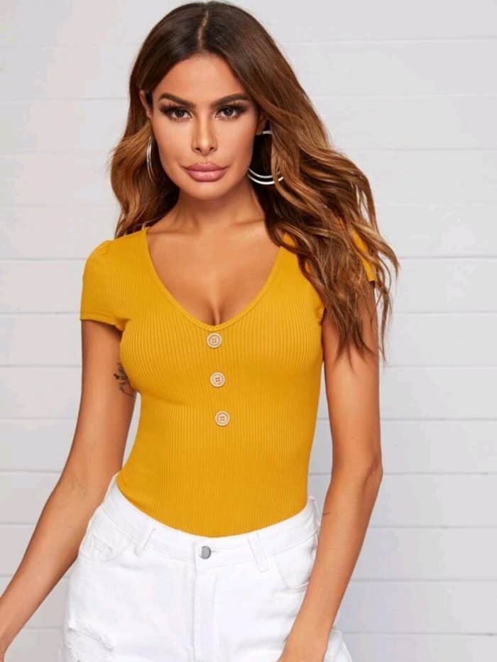 SHEIN V-Neck Button Front Rib-knit Top