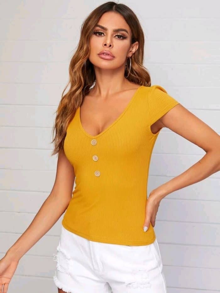 SHEIN V-Neck Button Front Rib-knit Top - Image 4