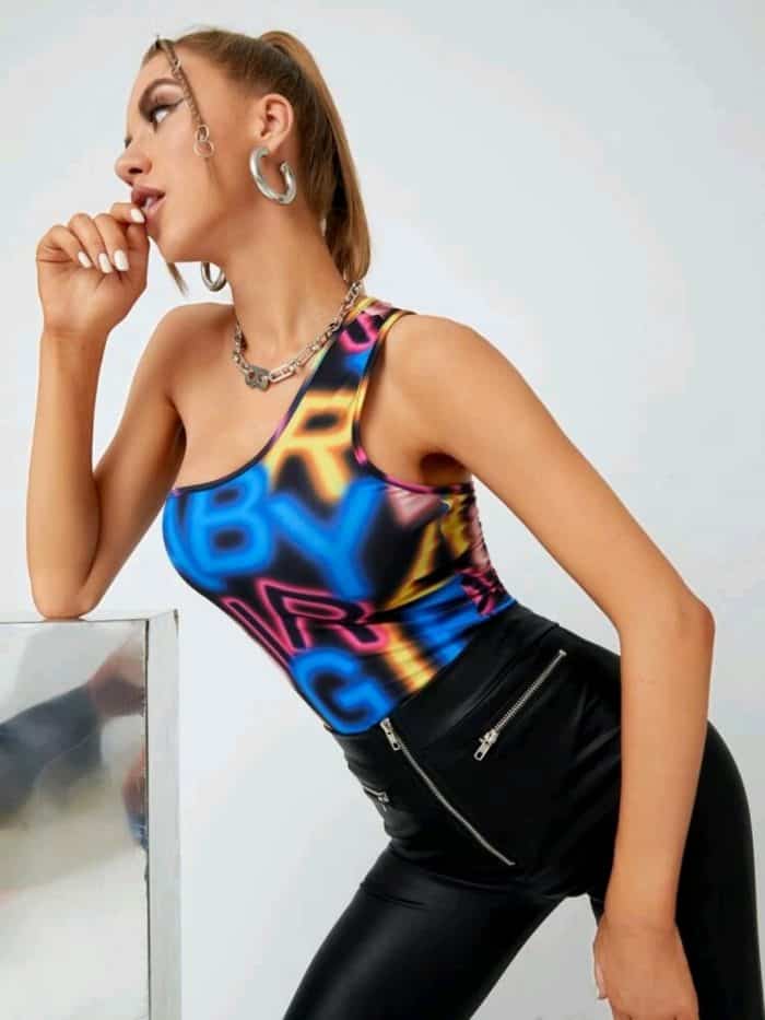 Letter Graphic One Shoulder Top - Image 3
