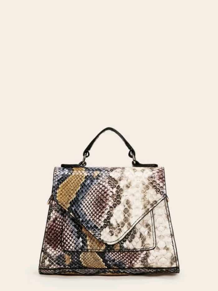 Snakeskin Print Flap Satchel Bag