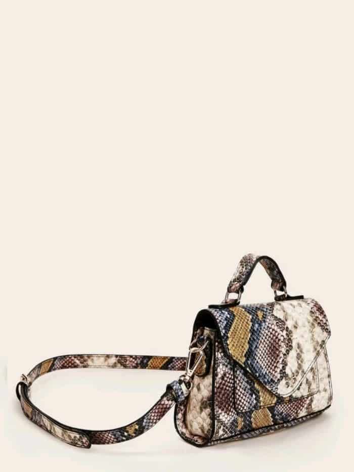 Snakeskin Print Flap Satchel Bag - Image 4