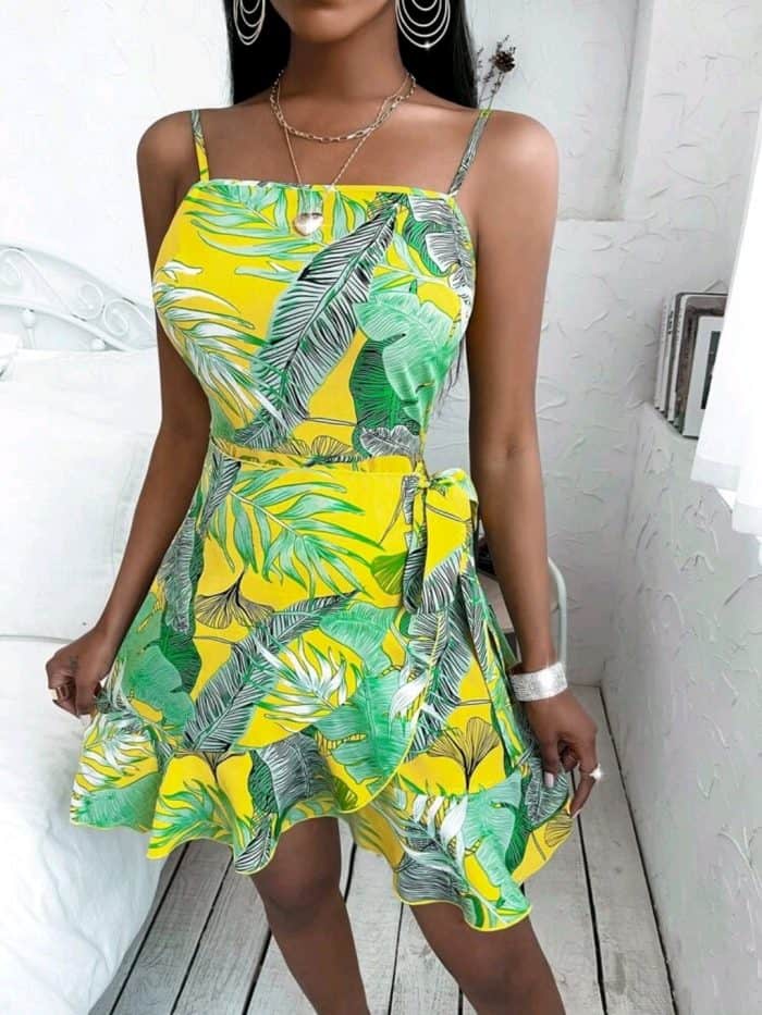 Tropical Print Wrap Hem Knot Side Cami Dress - Image 7