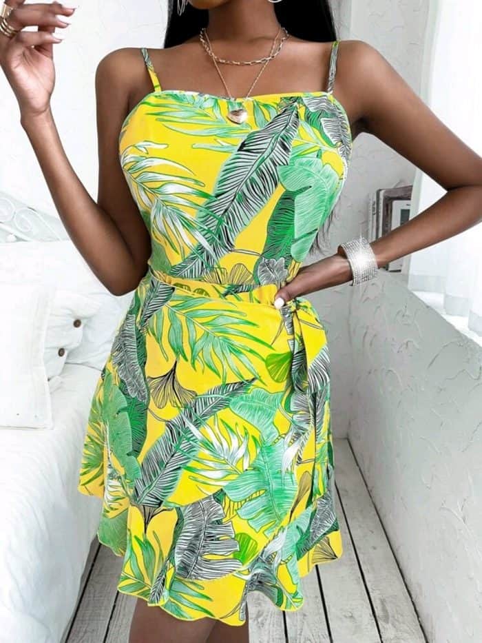 Tropical Print Wrap Hem Knot Side Cami Dress