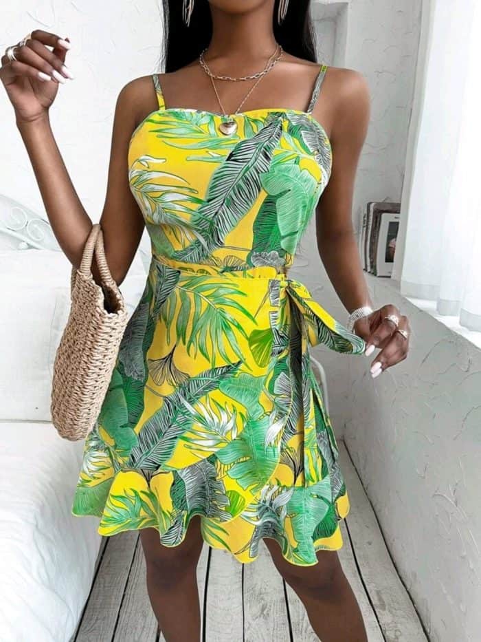 Tropical Print Wrap Hem Knot Side Cami Dress - Image 5