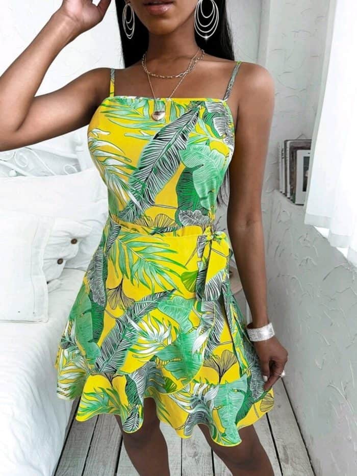Tropical Print Wrap Hem Knot Side Cami Dress - Image 4