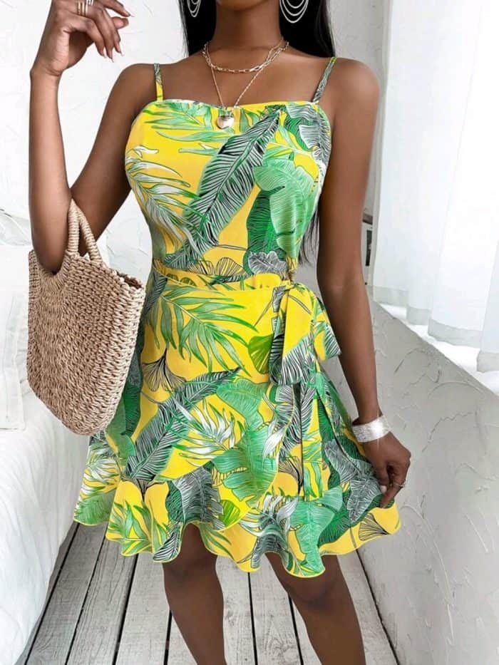 Tropical Print Wrap Hem Knot Side Cami Dress - Image 2