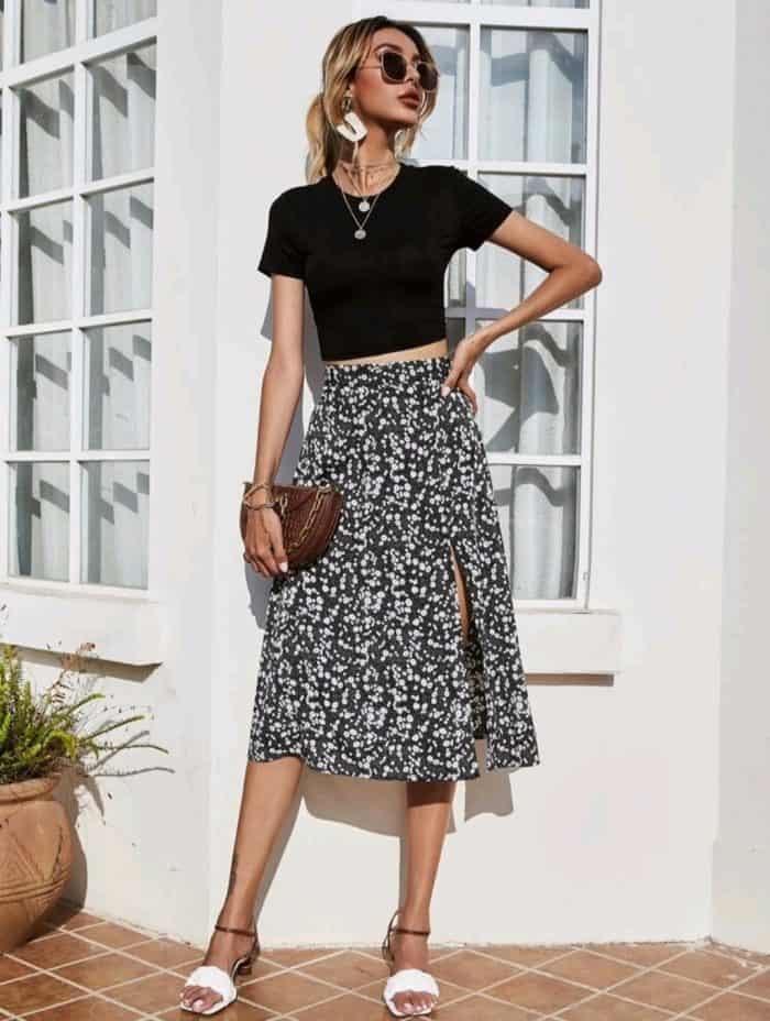Ditsy Floral Split Thigh Midi Skirt - Image 5