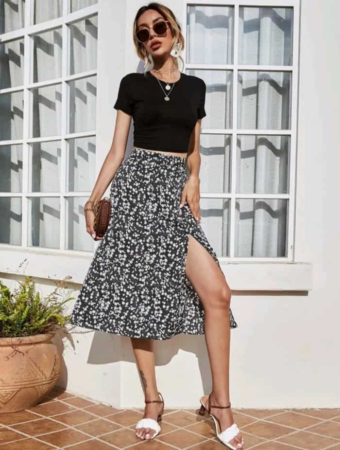 Ditsy Floral Split Thigh Midi Skirt - Image 2