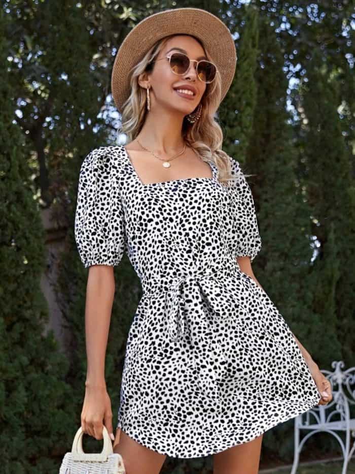 SHEIN Square Neck Self Belted Allover Print Dress