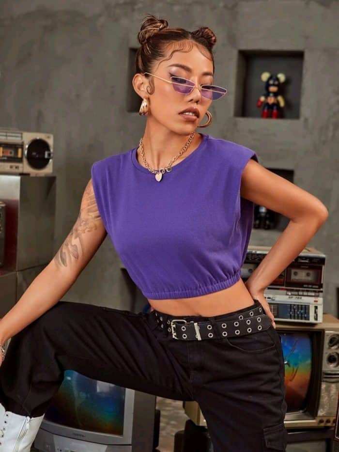 Shoulder Pad Rib-Knit Crop Tee