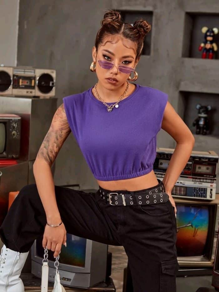 Shoulder Pad Rib-Knit Crop Tee - Image 6