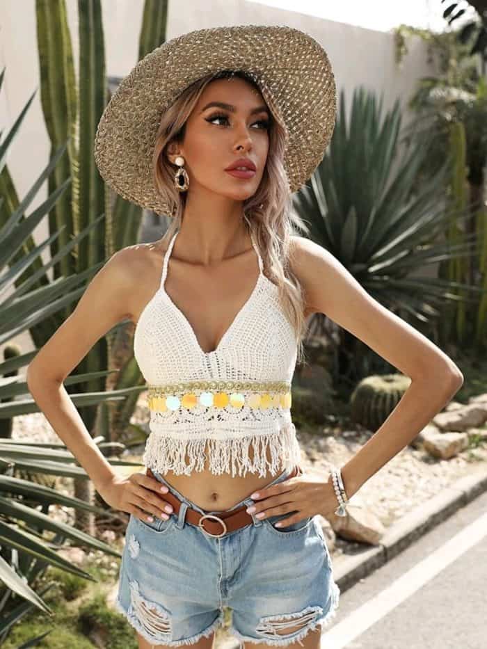 Disc Decoration Tie Back Halter Top
