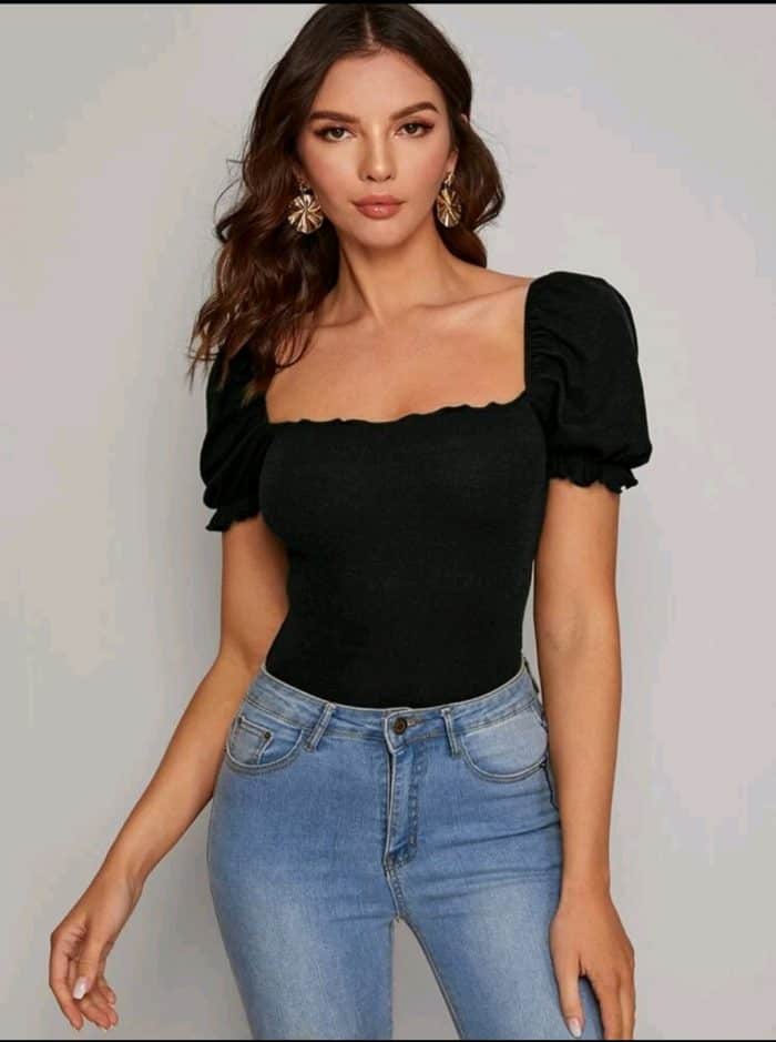 SHEIN Frill Trim Puff Sleeve Rib-knit Tee