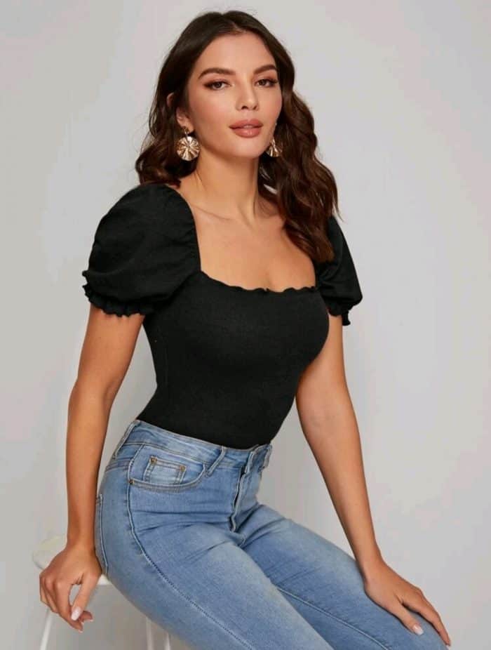 SHEIN Frill Trim Puff Sleeve Rib-knit Tee - Image 3