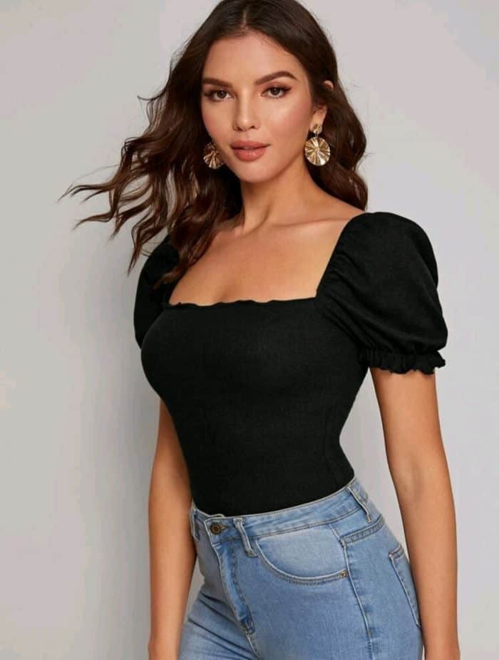 SHEIN Frill Trim Puff Sleeve Rib-knit Tee - Image 4