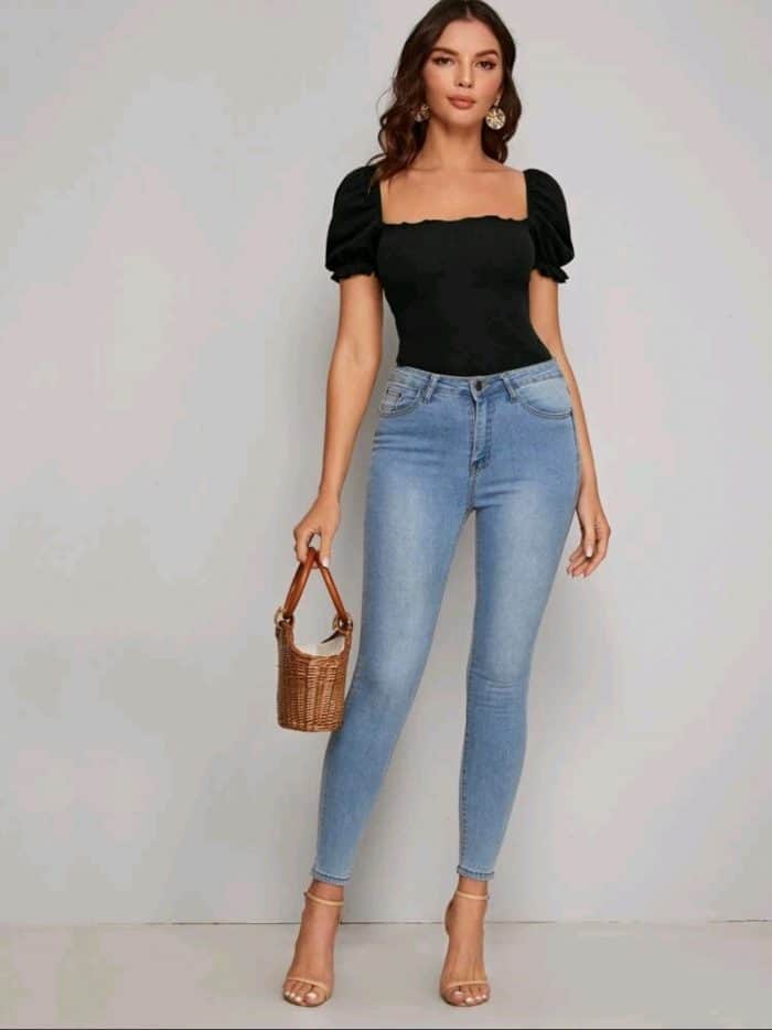 SHEIN Frill Trim Puff Sleeve Rib-knit Tee - Image 2