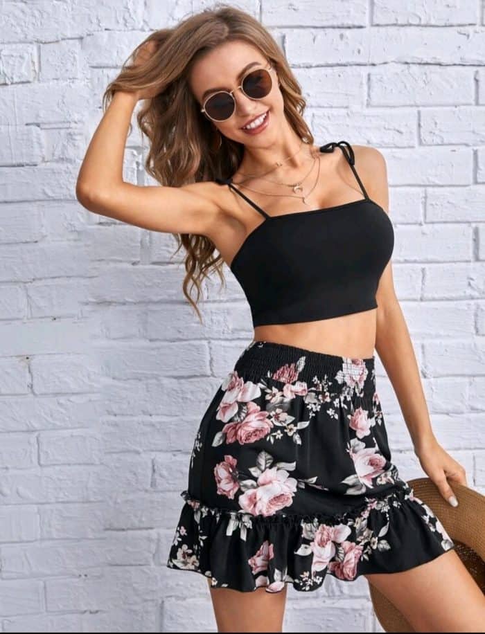 Knot Shoulder Cami Top & Floral Print Ruffle Hem Skirt - Image 4