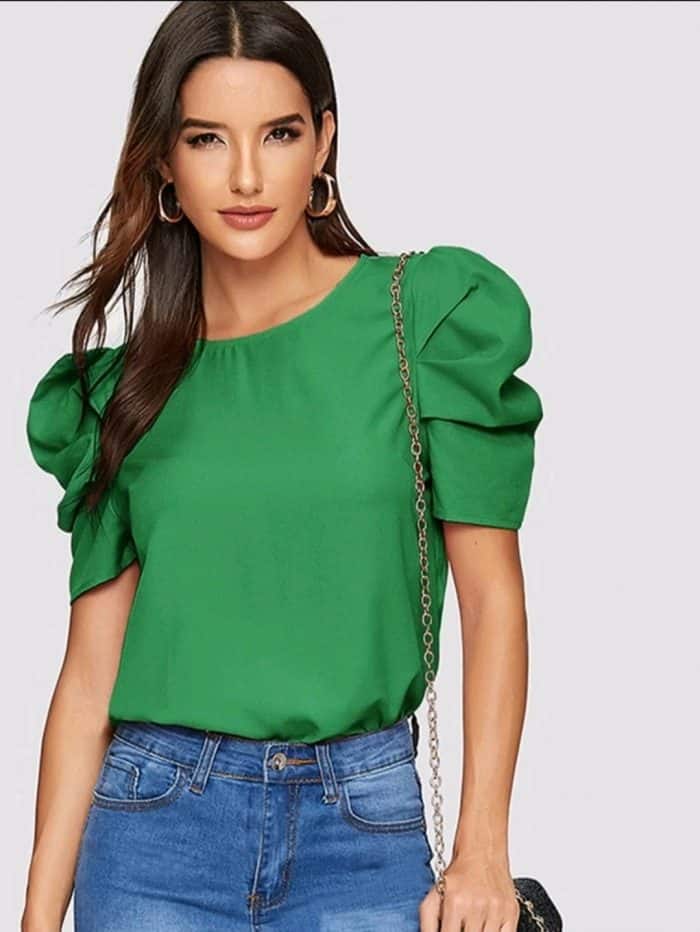 SHEIN Solid Keyhole Back Puff Sleeve Top