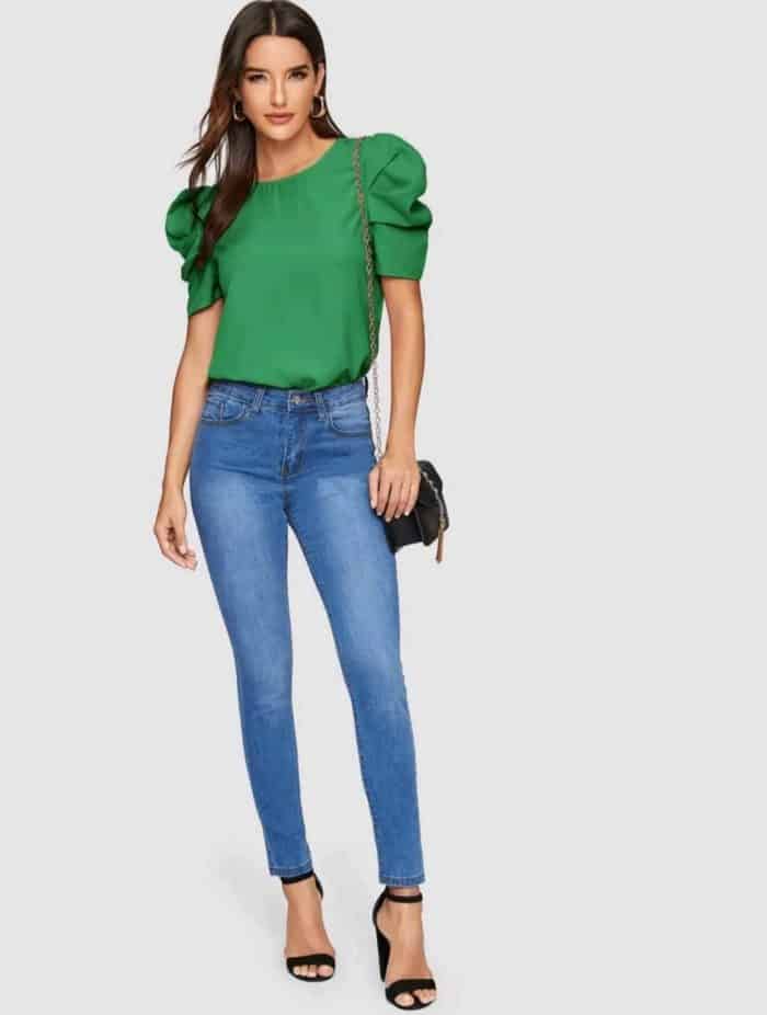 SHEIN Solid Keyhole Back Puff Sleeve Top - Image 6
