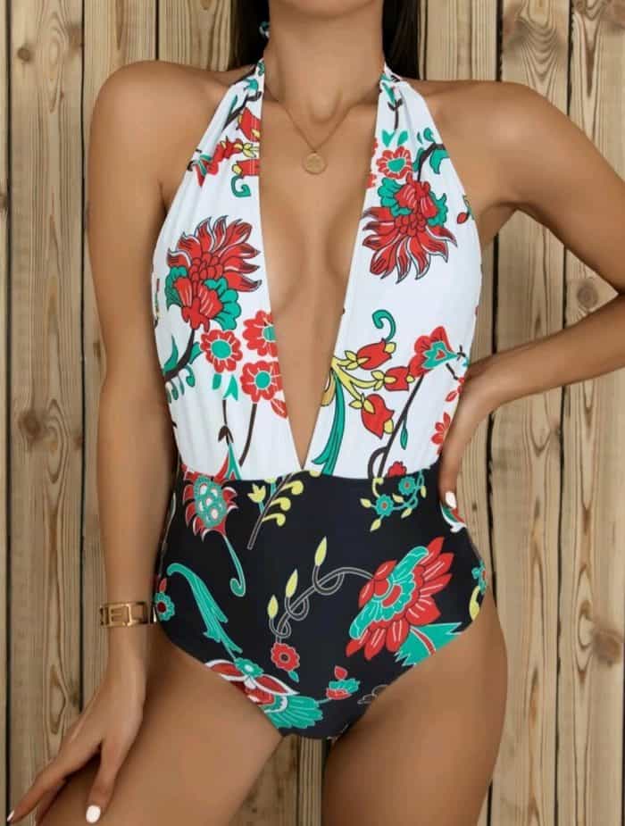 Floral Plunging One Piece Swimsuit