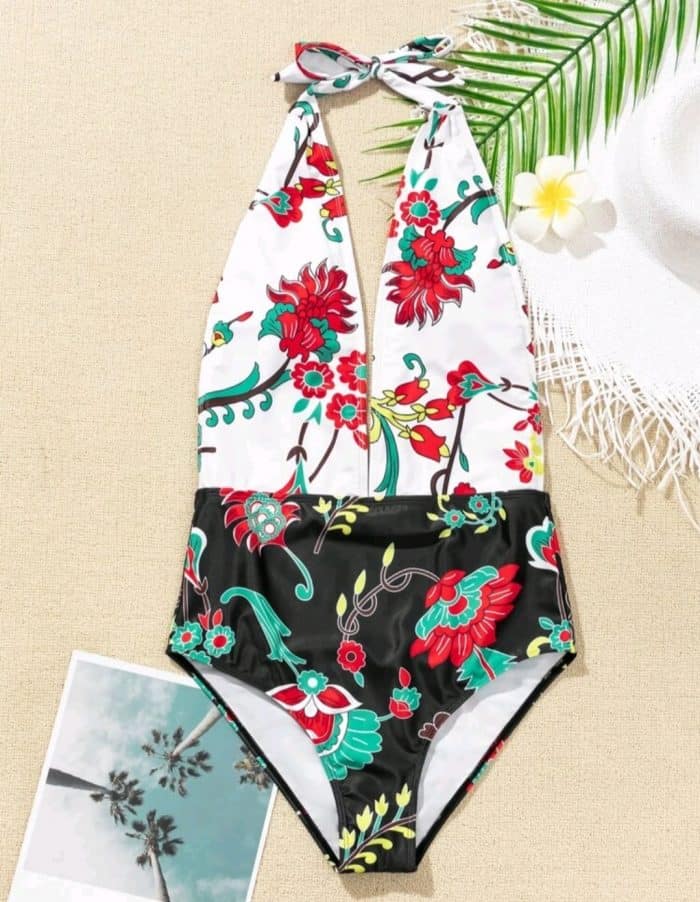 Floral Plunging One Piece Swimsuit - Image 6