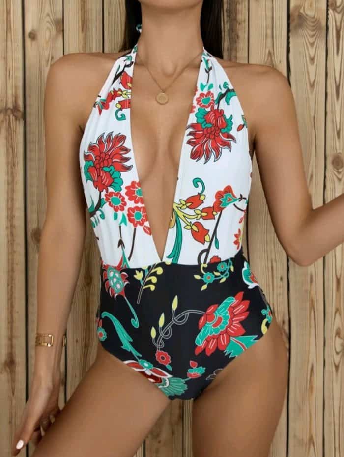 Floral Plunging One Piece Swimsuit - Image 5