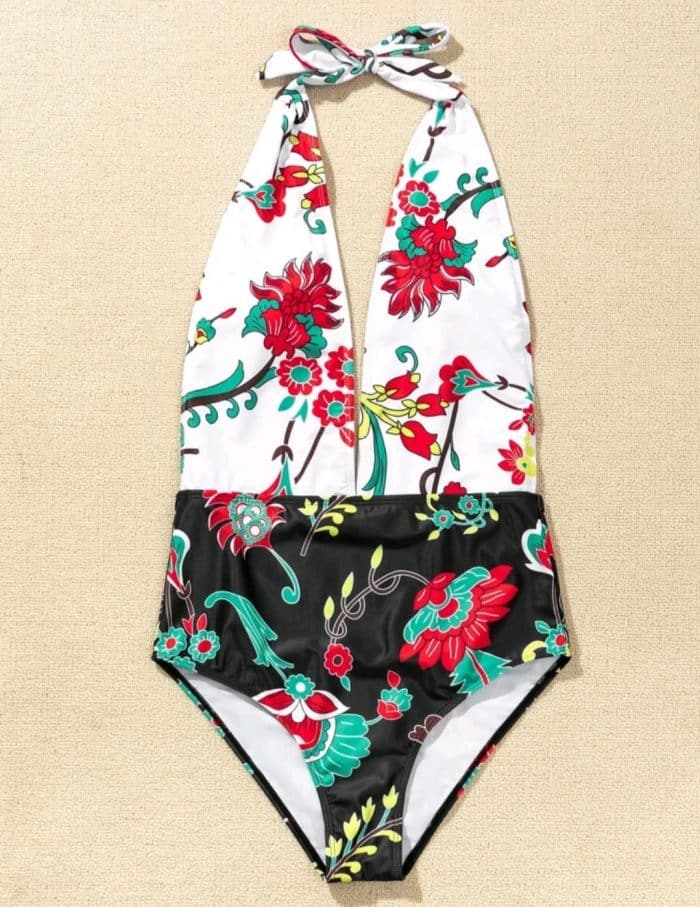 Floral Plunging One Piece Swimsuit - Image 3
