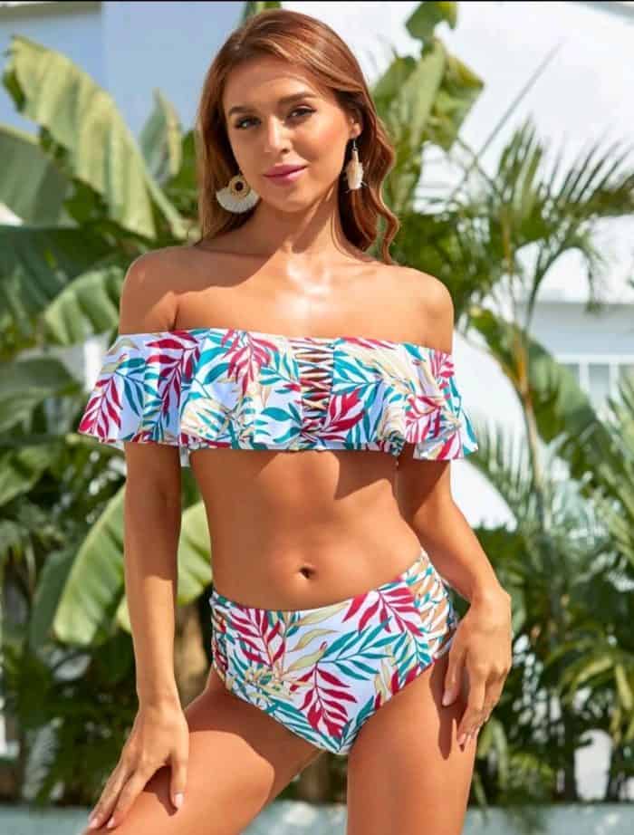 Leaf Print Criss Cross Flounce Bikini Swimsuit - Image 4
