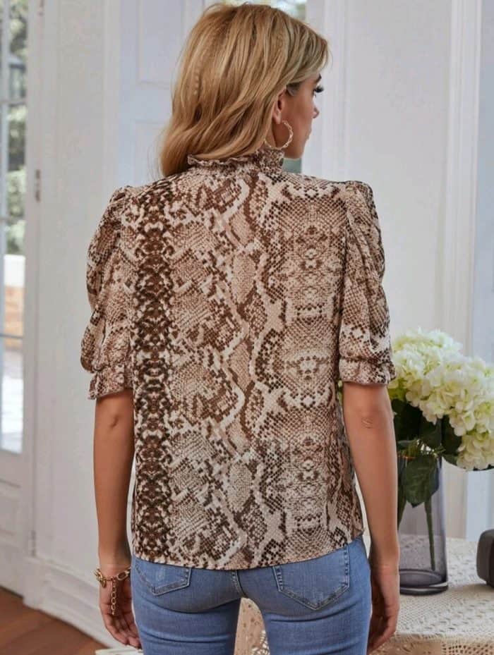 Mock Neck Cut-out Puff Sleeve Snakeskin Top - Image 5
