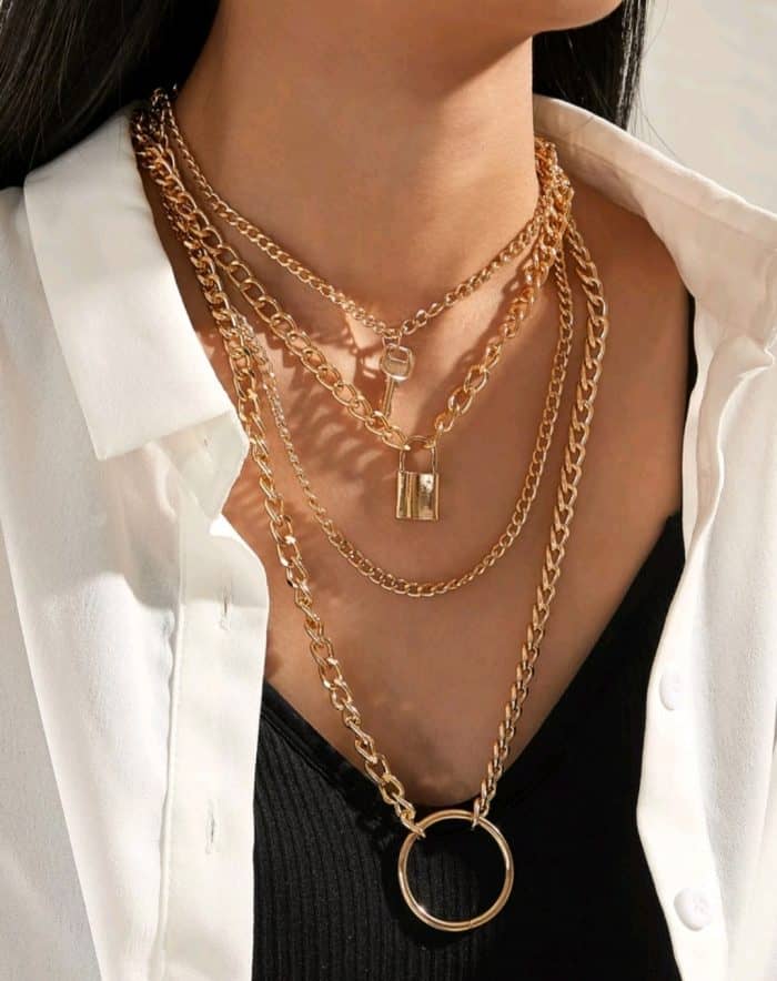 2pcs Lock & Key & Ring Pendant Layered Chain Necklace Set
