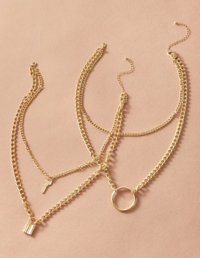 2pcs Lock & Key & Ring Pendant Layered Chain Necklace Set - Image 3