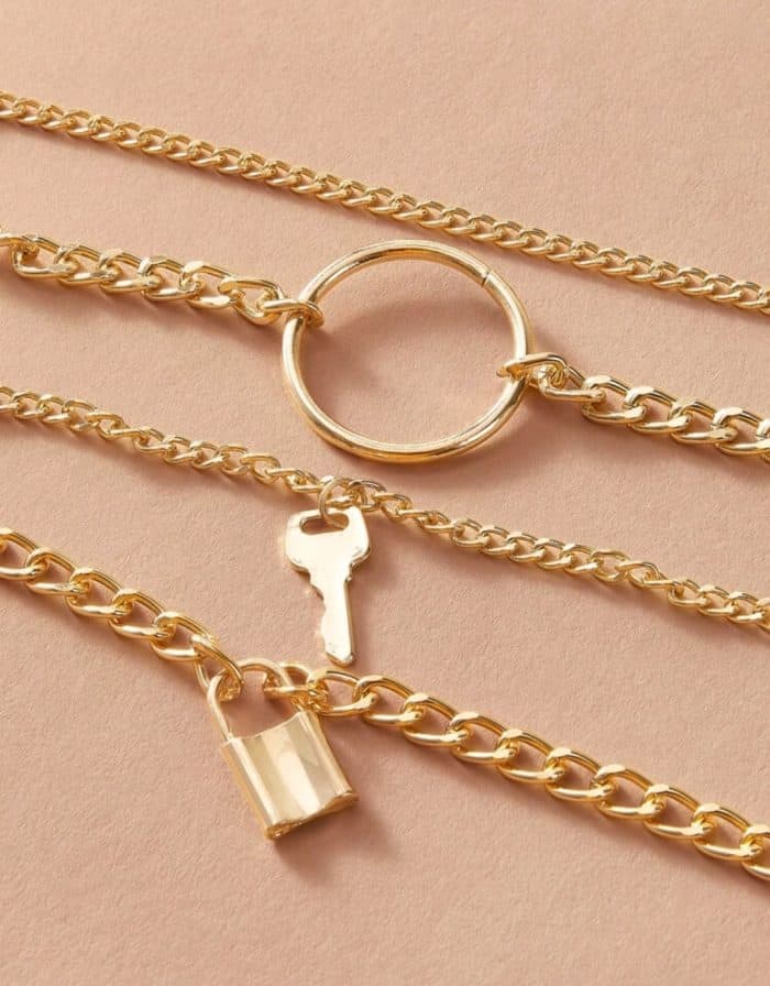 2pcs Lock & Key & Ring Pendant Layered Chain Necklace Set - Image 2