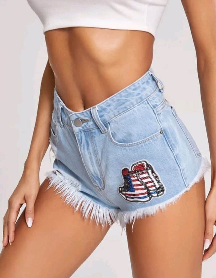 Ripped Raw Hem Sequin Patched Denim Shorts